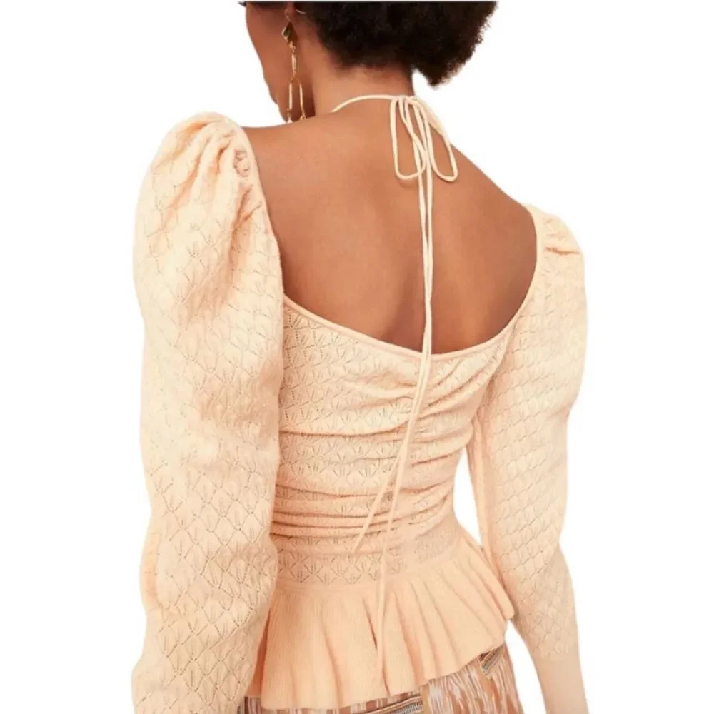 NWT Ulla‎ Johnson | Leland Puff Sleeve Peplum Halter Top Honey Peach Size L Knit